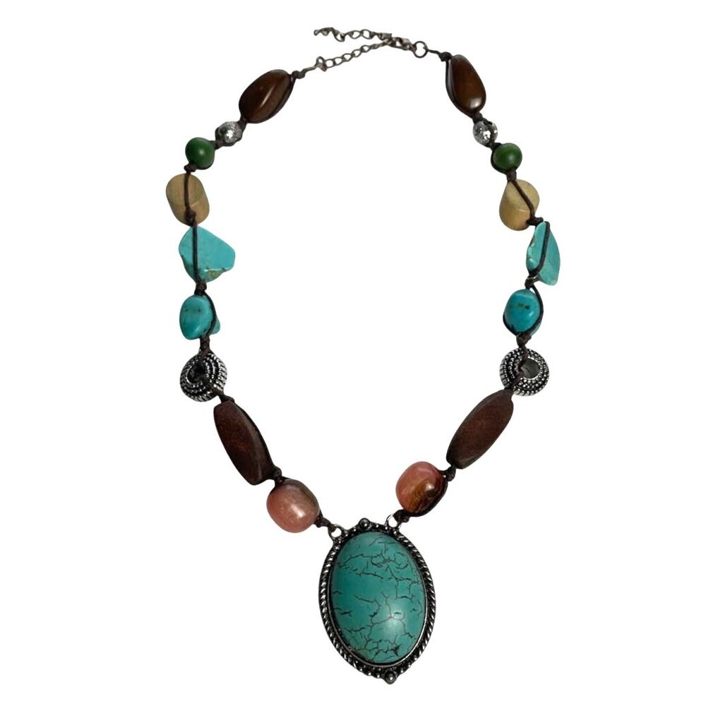Vintage Faux Turquoise Necklace Howlite Glass Wood Metal Beading Leather Cord‎